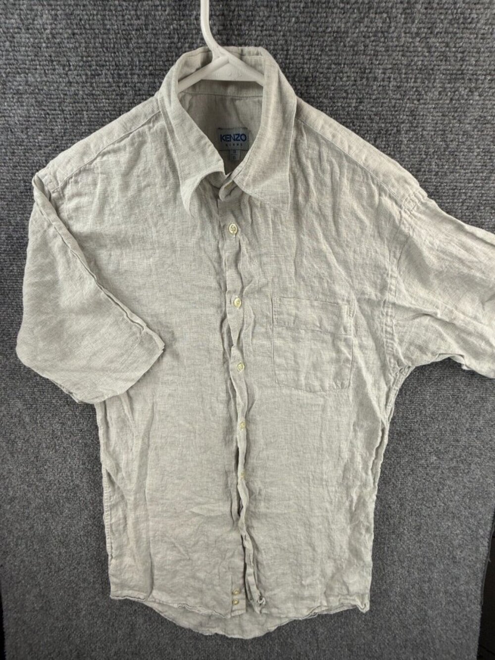Kenzo Homme Linen Short Sleeve Button Up Shirt Gray Men Size 15 (38) Woven